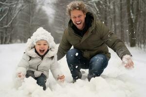 ai généré papa et fils prendre plaisir une neigeux jour, espiègle boule de neige combats photo