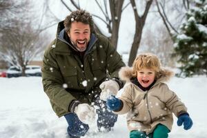 ai généré papa et fils prendre plaisir une neigeux jour, espiègle boule de neige combats photo