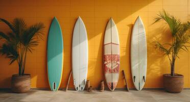 ai généré Trois planches de surf contre une Jaune mur photo