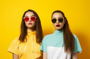 ai généré deux Jeune femmes portant des lunettes de soleil supporter sur une Jaune Contexte photo