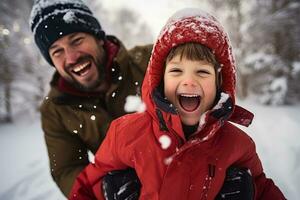 ai généré papa et fils partager rires, boule de neige lance, et neigeux aventures photo
