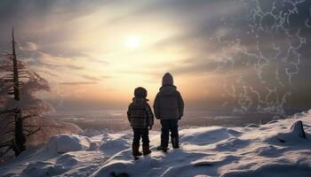 ai généré deux Jeune garçons supporter dans le neige surplombant une blanc lune photo