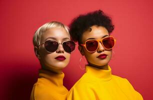 ai généré deux Jeune femmes portant des lunettes de soleil supporter sur une Jaune Contexte photo