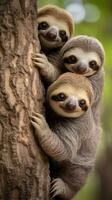 ai généré une famille de adorable les paresseux s'accroche avec contentement à une arbre tronc photo