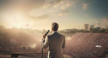 ai généré homme avec une microphone à une grand Extérieur un événement photo