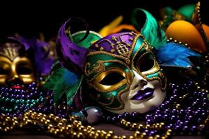 ai généré une vif carnaval Contexte rempli avec animé couleurs, masques, et de fête flair photo