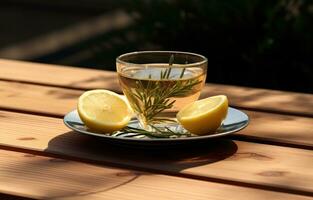 ai généré Romarin thé et citron sur le en bois table photo