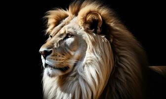 ai généré une Lion avec longue cheveux est permanent sur une foncé Contexte photo