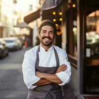 ai généré chef permanent fièrement dans de face de une restaurant, portant le sien du chef veste et une gros sourire photo