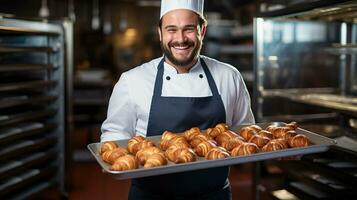 ai généré une souriant chef en portant une plateau de fraîchement cuit des croissants photo