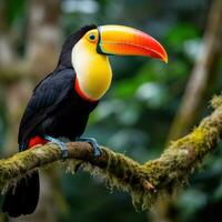 ai généré une étourdissant fermer de une brillamment coloré toucan perché sur une arbre branche photo