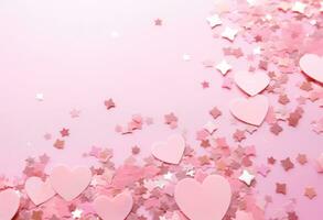 ai généré cœur rose étoiles confettis sur un iridescent rose Contexte photo