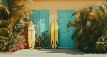 ai généré Jaune le surf planches maigre contre le côté de une maison photo