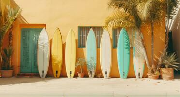 ai généré Jaune le surf planches maigre contre le côté de une maison photo