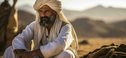 ai généré une homme séance dans le désert portant une blanc turban photo