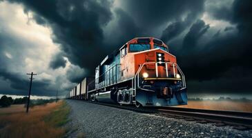 ai généré une cargaison train en voyageant vers le bas une chemin de fer Piste avec foncé des nuages derrière il photo