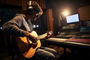 ai généré Jeune homme en jouant acoustique guitare dans enregistrement studio. la musique et du son concept, artiste enregistrement une chanson dans le studio, ai généré photo