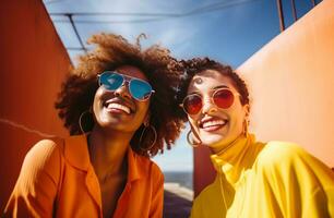 ai généré deux femmes porter des lunettes de soleil et souriant photo