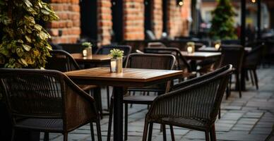 ai généré Extérieur restaurant séance chaises avec les tables à l'extérieur suivant à une brique rue mur photo