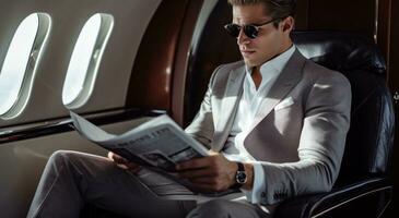 ai généré homme séance sur le siège de le sien avion dans des lunettes de soleil en train de lire une journal photo