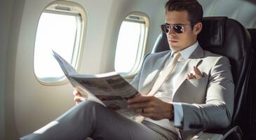 ai généré homme séance sur le siège de le sien avion dans des lunettes de soleil en train de lire une journal photo