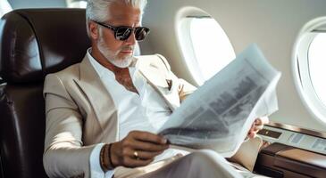 ai généré homme séance sur le siège de le sien avion dans des lunettes de soleil en train de lire une journal photo