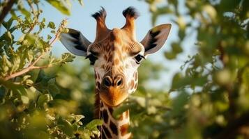 ai généré mignonne girafe mange feuilles de arbre sur Afrique photo