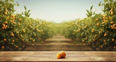 ai généré en bois table dans un Orange verger photo