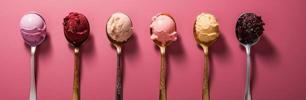 ai généré quatre cuillères séance sur rose Contexte avec différent les saveurs de la glace crème photo