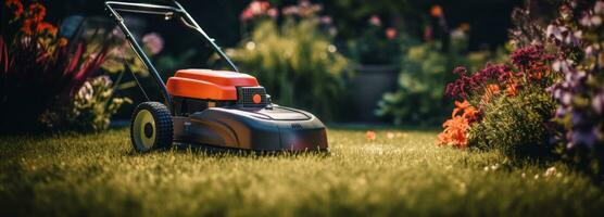 ai généré pelouse tondeuse dans jardin sur journée photo