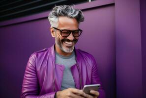 ai généré homme avec des lunettes souriant en portant téléphone photo