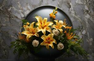 ai généré Jaune fleurs sur une blanc en bois table photo