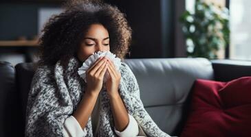 ai généré femme soufflant sa nez tandis que sur canapé ayant du froid photo