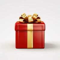 ai généré anniversaire cadeau, Noël cadeau, rouge boîte avec or arc sur blanc Contexte. photo