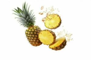 ai généré en volant juteux haché ananas sur blanc Contexte. nourriture lévitation photo