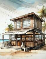 ai généré aquarelle esquisser et lignes de le extérieur de une café magasin bâtiment sur le plage photo