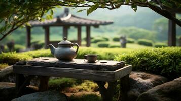 ai généré tranquille réglage avec théière et tasse sur vieilli pierre table au milieu de une magnifiquement manucuré jardin, suggérant paix et relaxation. Japonais thé cérémonie. parfait pour bien-être photo