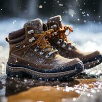 ai généré une paire de hiver bottes avec neige chute dans le Contexte. photo