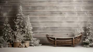 ai généré une rustique en bois traîneau penché contre une mur avec une toile de fond de flocons de neige et à feuilles persistantes branches photo