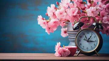 ai généré rose alarme l'horloge dans le Cerise fleur Contexte photo
