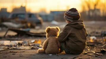 ai généré pauvres garçon avec une nounours ours en train de regarder un avion partir photo