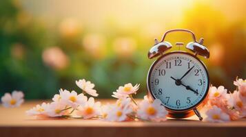 ai généré rose alarme l'horloge dans le Cerise fleur Contexte photo