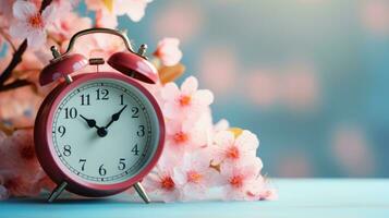 ai généré rose alarme l'horloge dans le Cerise fleur Contexte photo