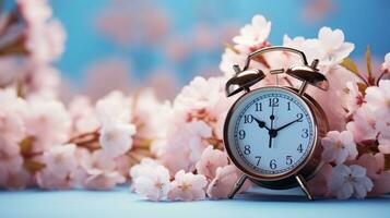 ai généré rose alarme l'horloge dans le Cerise fleur Contexte photo