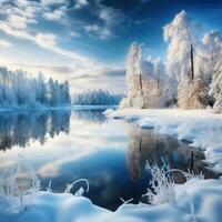 ai généré une pittoresque hiver paysage avec couvert de neige des arbres et une congelé Lac photo