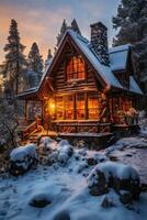 ai généré une rustique cabine avec une fumeur cheminée est assis dans une neigeux paysage, photo