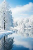 ai généré une pittoresque hiver paysage avec couvert de neige des arbres et une congelé Lac photo