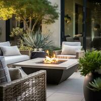 ai généré magnifiquement conçu Extérieur patio zone avec moderne meubles, mis en pot végétaux, et une confortable Feu fosse. photo