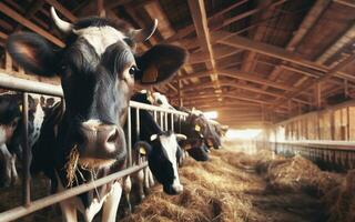 ai généré bétail fermes, grande échelle bétail production, vaches dans des stylos, Viande industrie photo