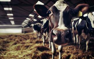 ai généré bétail fermes, grande échelle bétail production, vaches dans des stylos, Viande industrie photo